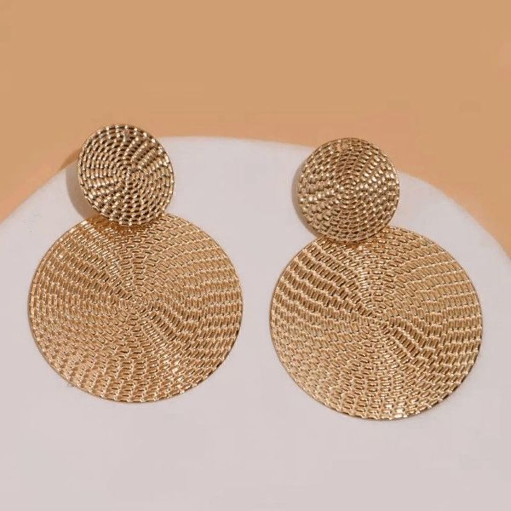 GOLD TEXTURED ROUND GEOMETRIC DANGLE EARRINGS